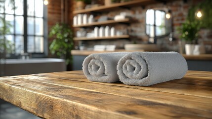 Wooden table with neatly folded clean towels on a blue background.