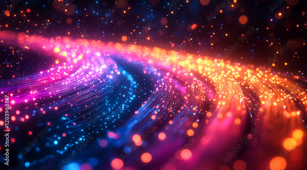 Poster a colorful, swirling line of light with many small dots. the dots are in different colors, creating 