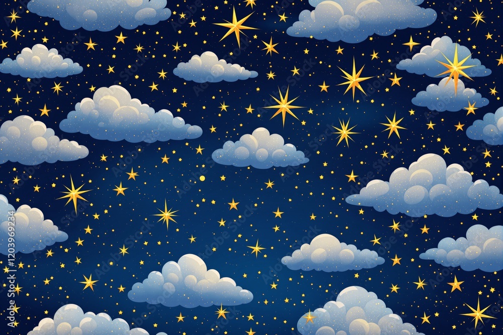 Poster starry night sky with glowing stars and fluffy clouds in a seamless pattern.