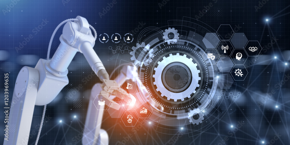 Aufkleber robot cyborg 3d render on blurred background. innovation technology robotisation.