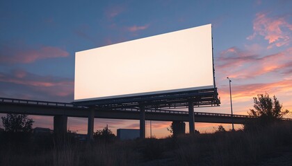 Obraz premium Blank Billboard Mockup Showcased on Interstate Bridge Against a Stunning Sunset Sky