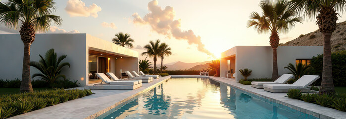 Fototapeta premium Banner Pool on Elite Villas, Beachfront, Sea, Ocean: Travel and Relaxation