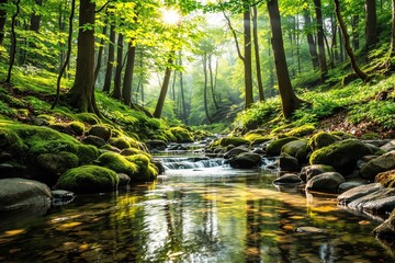 Obraz premium Serene forest stream with sunlight filtering through lush green leaves.