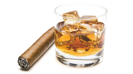 glass of whiskey with ice cubes and cuban cigar isolated on white background