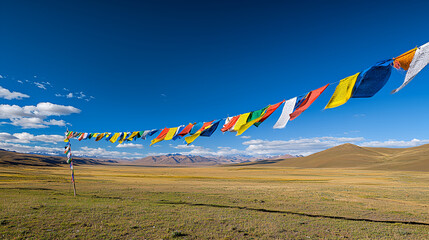 Prayer flags flutter, high-altitude plains, mountains backdrop, serenity