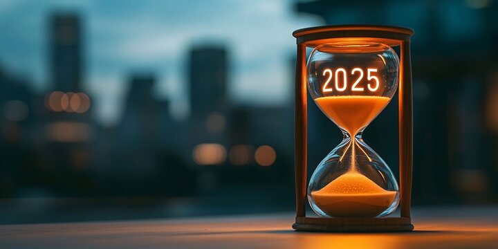 Countdown to 2025 captivating hourglass displaying time's passage urban environment artistic photography evening setting concept of time management