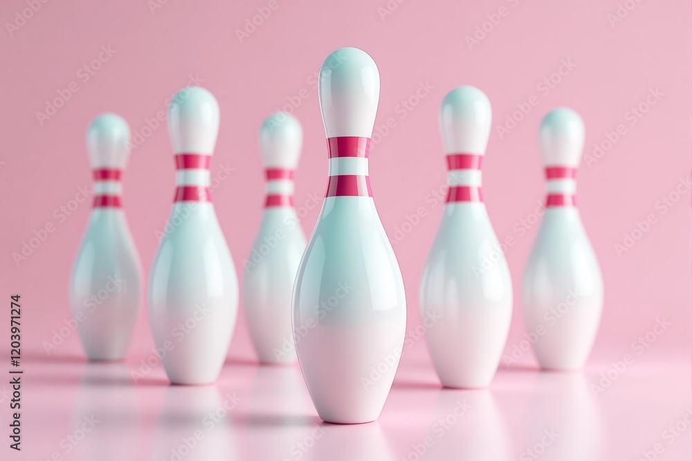 Poster bowling pins arranged on a smooth pink surface with light reflections in a minimalistic and abstract
