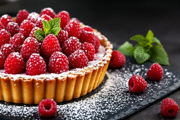 Close-up of raspberry tart with powdered sugar and mint leaves on a dark background.