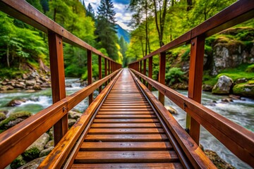 Fototapeta premium Rustic Pedestrian Bridge Spanning Gorge, Brown Wooden Planks, Steel Beams, Wild Nature Stock Photo