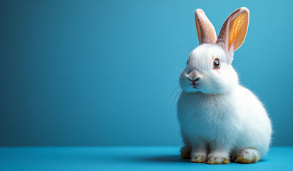 Obraz premium A white rabbit is sitting on a blue surface. The rabbit is looking at the camera with its eyes wide open