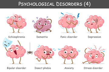 Psychological disorders set 4. Include schizophrenia, dementia, panic disorder, Depression, bipolar, phobia, anxiety, stress. Cute cartoon characters. Vector.