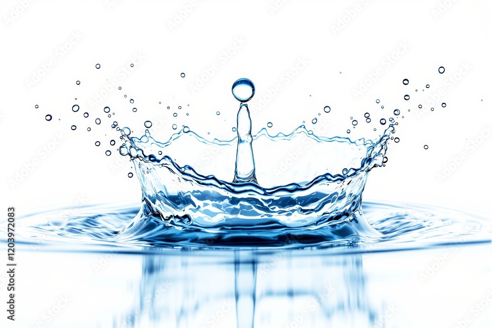 Poster close-up of water splash with ripples and droplets on a white background.