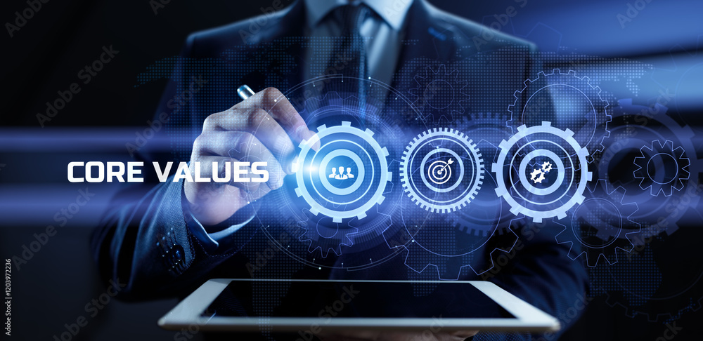 Poster core values responsibility innovation. businessman pressing button on screen.