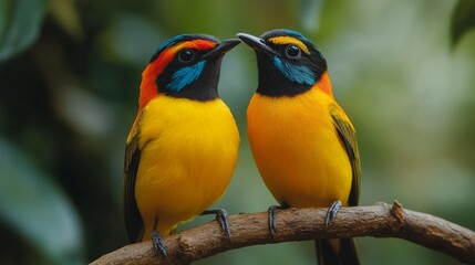 A pair of vibrant Orange-crowned Manakins perched on a branch with a lush green background, showcasing their stunning plumage and natural beauty