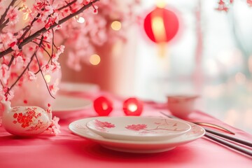 chinese new year, minimize, photo shooting setting, empty table. pastel pink and red
