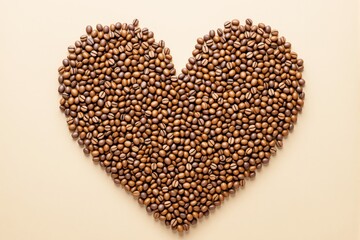 Coffee beans arranged in heart shape on beige background.
