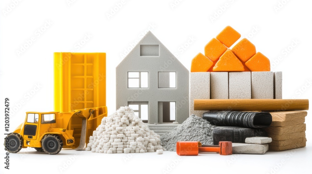 Poster construction materials arranged artistically with a loader, showcasing building elements and tools