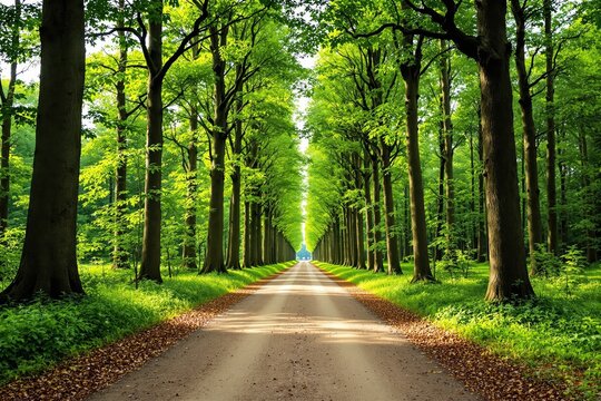 Pathway through a green forest with sunlight streaming through the trees.
