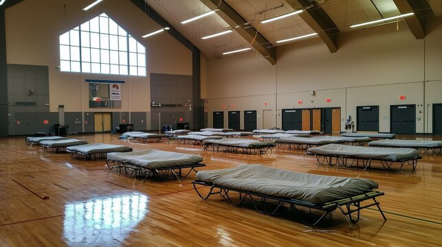 Rows of cots in a gym signify emergency shelter setup for crisis management.
