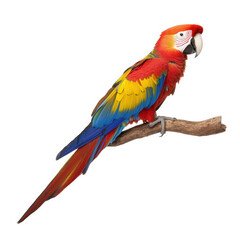 Obraz premium Vibrant scarlet macaw perched on branch, showcasing its stunning red, blue, and yellow feathers. This colorful bird exudes lively and cheerful presence