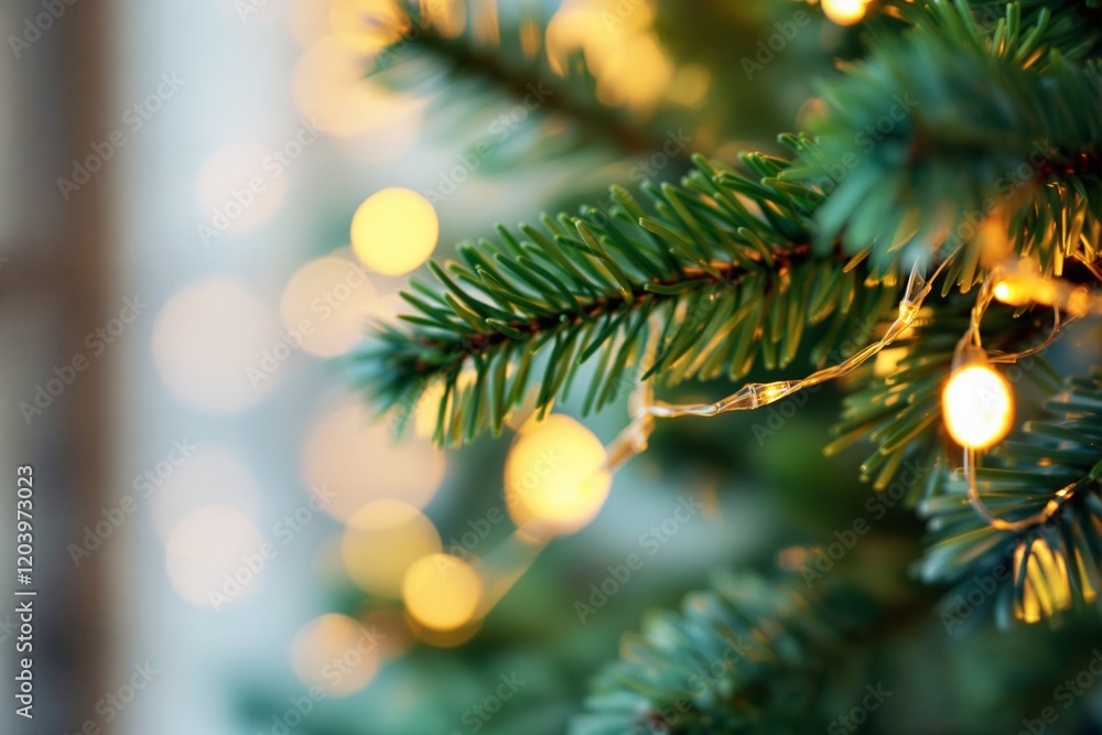 Poster Close-up of Christmas tree branches with glowing lights and blurred festive background.