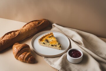 Delicious Quiche Slice with Croissant and Baguette