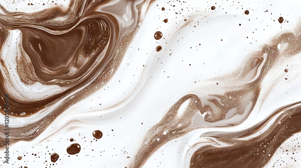 Poster dynamic splash of white milk and chocolate milk creating artistic patterns against a white backgroun