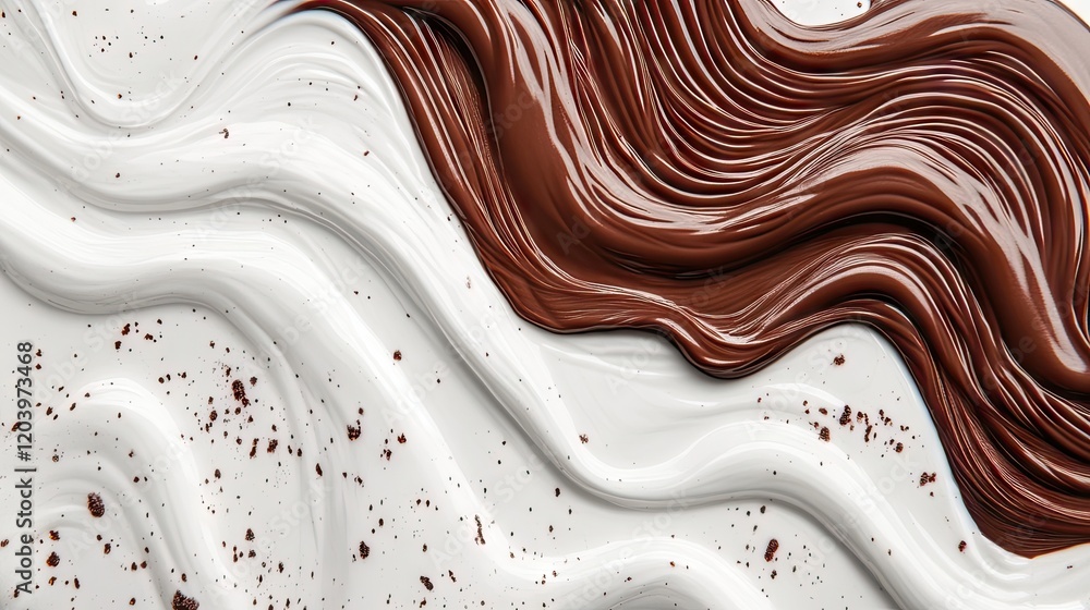 Poster dynamic splash of white milk and chocolate milk creating artistic patterns against a white backgroun