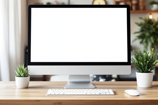 Blank computer screen mockup on a wooden desk with plants and accessories in a cozy home office setting.