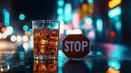 Glass of alcohol with stop sign symbolizes quitting drinking.