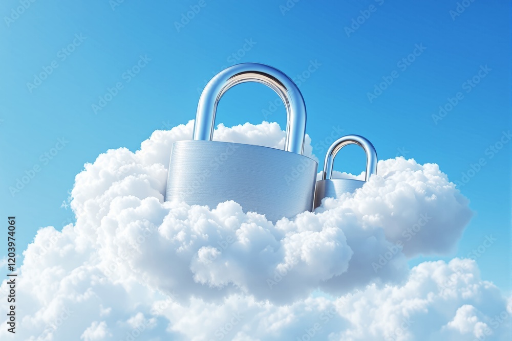 Poster silver padlocks embedded in fluffy clouds under a clear blue sky representing cloud security concept