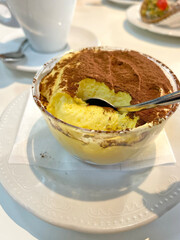 Tiramisu sprinkled with cocoa on saucer with teaspoon. Food and drinks. Traditional Italian dessert. Cappuccino.