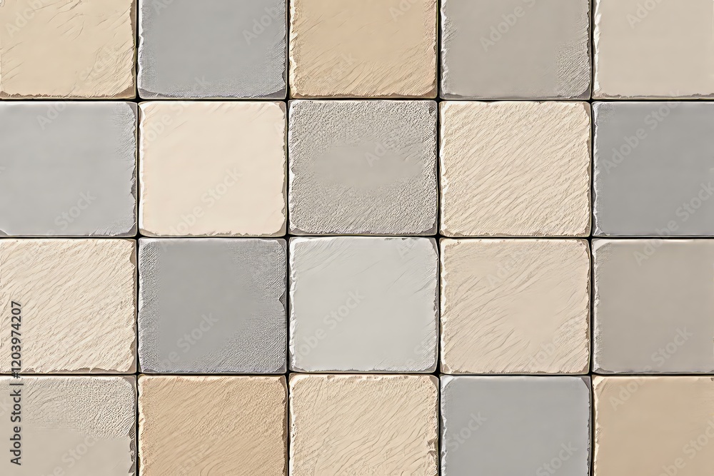 Poster beige and gray textured stone tiles aligned in a grid pattern.