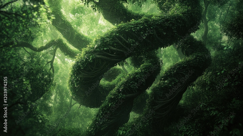 Poster lush forest with twisting vines and dense foliage in varying shades of green creating a deep jungle 