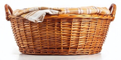Obraz premium Rustic Wicker Laundry Basket Isolated on White Background - Perfect for Home Decor and Laundry Room Stock Photos