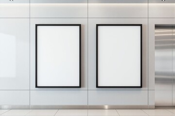 Blank dual poster frames on white wall interior background in modern hallway space, ideal for presentations or advertising templates.
