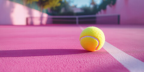 Yellow tennis ball on ground of pink color tennis court, summer sport background