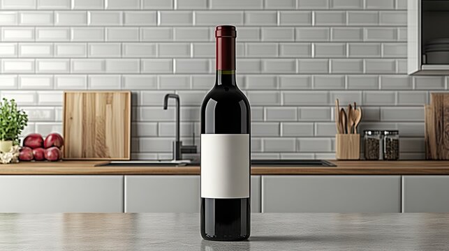Elegant wine bottle with a minimalist label, set against the backdrop of a modern kitchen with neutral tones.