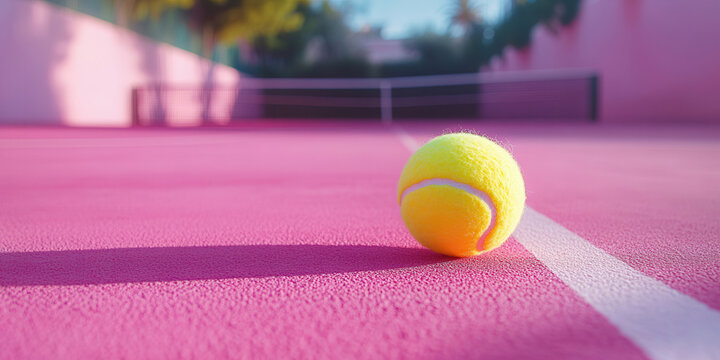 Yellow tennis ball on ground of pink color tennis court, summer sport background