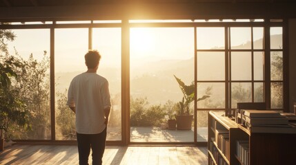 Fototapeta premium Man silhouetted against sunset through large windows, enjoying view.