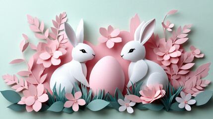 Obraz premium Two rabbits are sitting on an egg in a field of flowers. Concept of innocence and playfulness, as the rabbits are surrounded by the beauty of nature. The egg symbolizes new life and growth