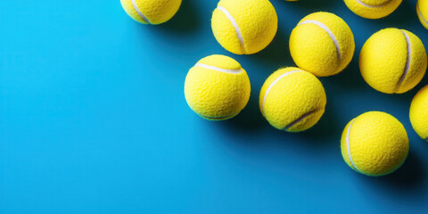 Bunch of yellow tennis balls on bright blue background with copy space