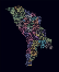 Moldova, shape of the country built of colored cells. Digital style map of Moldova on a dark background. Small size square blocks. Stylish vector illustration.