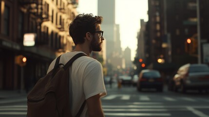 Fototapeta premium Man with backpack crossing city street at sunset.