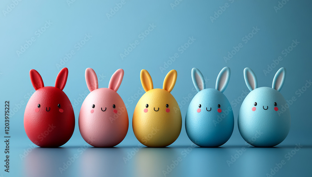 Poster a row of colorful rabbits with different colored eyes and mouths. the rabbits are all smiling and ap