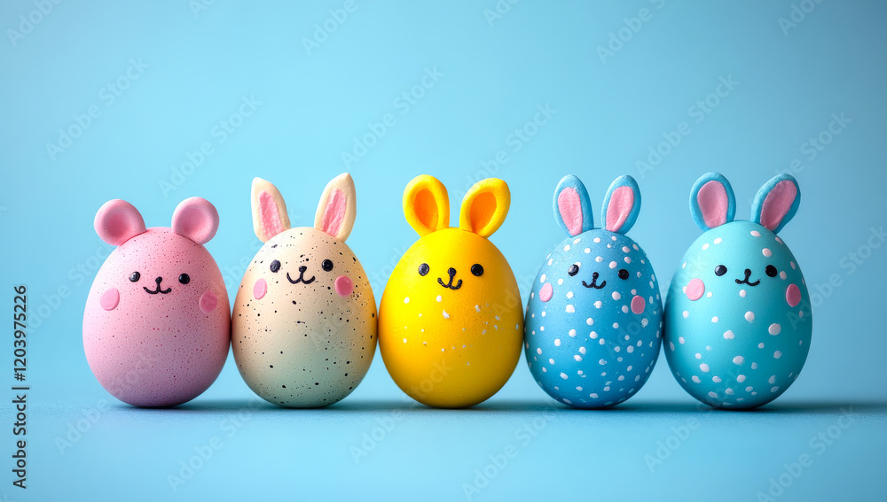 Poster a row of painted easter eggs with different colors and designs. the eggs are arranged in a line, wit