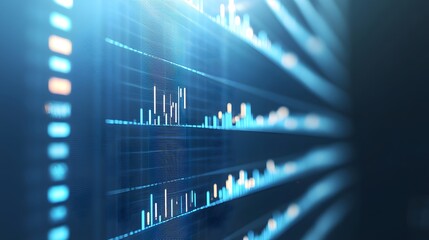 A futuristic digital interface displaying data trends and analytics with vibrant blue tones and abstract wave patterns.