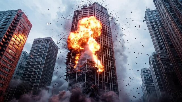 Burning Skyscraper in City - Fiery Disaster Scene with Smoke and Flames - Apocalyptic Urban Destruction Footage - Epic Cinematic Action