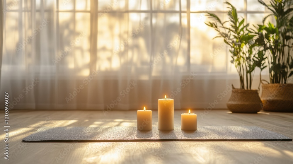 Leinwandbilder Serene indoor space with lit candles and indoor plants creating a calming atmosphere in soft natural light. Generative AI