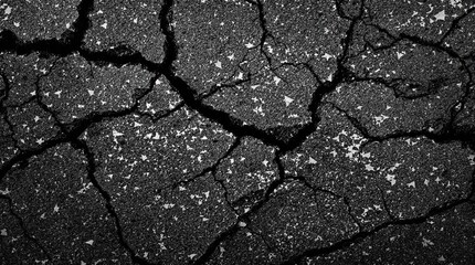 Obraz premium Black and white, dark gray volcanic basalt rock mountain, cracked and crumbled granite texture, broken stones scattered across a desolate, rugged terrain